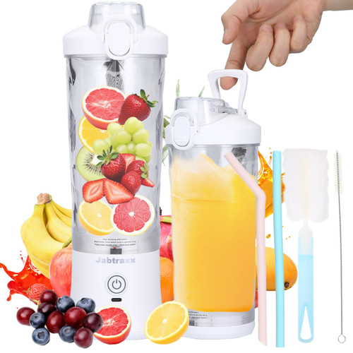 Jabtraxx Portable Blender, Personal Size Blender for Shakes and Smoothies, 20 Oz Cup, Waterproof Mini Blender With Rechargeable USB, Juicer with 6 Blades for Home, Kitchen, Travel, Sports (White)