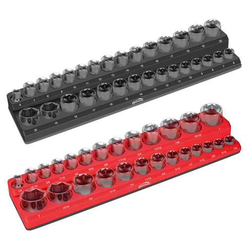 GOOACC 3/8" Magnetic Socket Organizer Set, 2 Pieces Metric & SAE Socket Drive Holders, 3/8 inch Drive Socket Organizer Set Holds 56 Standard Sockets for Tool Box