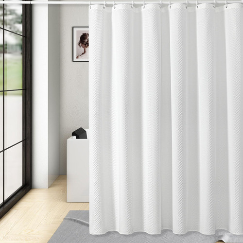 Gibelle Extra Long Shower Curtain 72 x 84, Tall 3D Embossed Textured White Fabric Shower Curtain, Modern Farmhouse Herringbone Decorative Bathroom Curtains Shower Set with Hooks