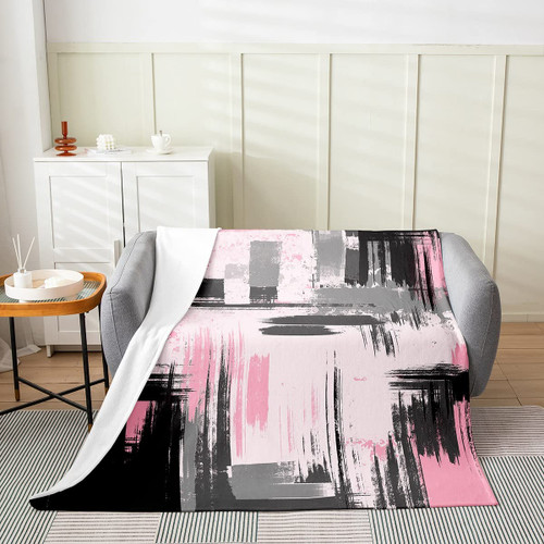 Feelyou Abstract Bedding All Season,Bed Blanket Set Kids Modern Abstract Art Plush Throw Blanket, Pink Black Flannel Fleece Blanket Set for Sofa Couch Room Decor Lightweight Retro Twin 60"x80"