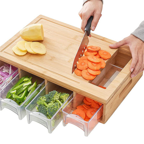 Bamboo Cutting Board with 4 Containers, Large Chopping Board with Juice Grooves, Easy-grip Handles & Food Sliding Opening, Carving Board with Trays for Food Storage, Transport and Cleanup Bamboo Cutting Board with 4 Containers, Large Chopping Board with Juice Grooves, Easy-grip Handles & Food Sliding Opening, Carving Board with Trays for Food Storage, Transport and Cleanup