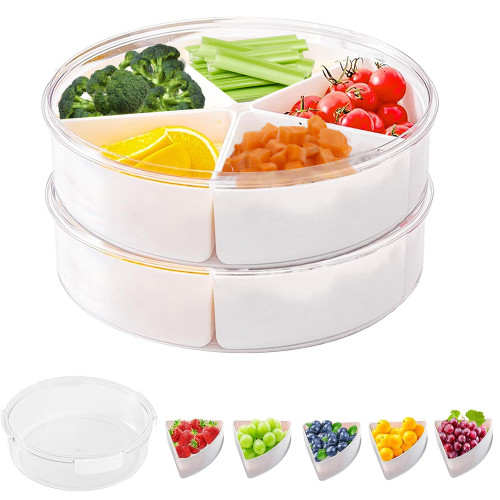 bealy 2 Pack Veggie Tray With Lid,Divided Serving Tray with 5 Compartments, Plastic Party Platter,Fruit Storage Containers Vegetable Tray, Snack Box, Chip and Dip Bowl,Fridge Organizer Container