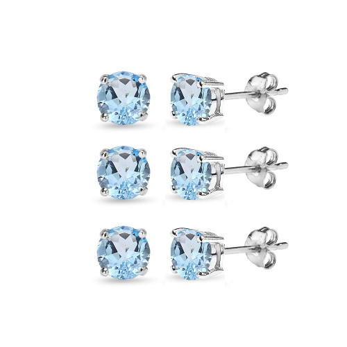 3 Pair Set Sterling Silver 6mm Blue Topaz Round Stud Earrings