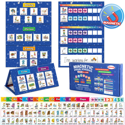 Aizweb Visual Schedule for Kid Chore Chart,Magnetic Morning Bedtime Routine Chart for Toddler,Daily Schedule Magnetic Board Communication Card for ASD,ADHD,PECS Autism Learning Material for Homeschool