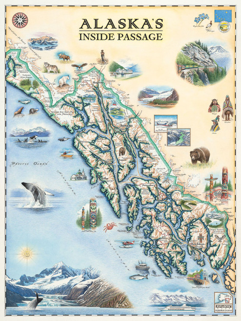 Alaska's Inside Passage Hand-Drawn Map - Authentic 18x24 Inch Vintage-Style Wall Art - Lithographic Print with Soy-Based Inks - Made In USA
