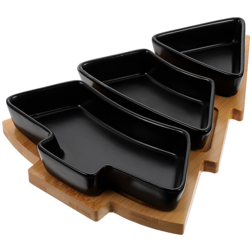 UPKOCH 1 Set Christmas Tree Shaped Plates Ceramic Appetizer Tray Snacks Plate Candy Nut Serving Container Platters Dessert Dish with Wooden Base for Xmas Holiday Party Black