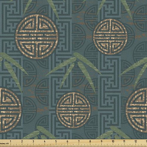 Ambesonne Folk Art Fabric by The Yard, Eastern Style Composition Oriental Motifs Leaves Elements Circular Maze, Decorative Fabric for Upholstery and Home Accents, 2 Yards, Ivory Teal and Tan