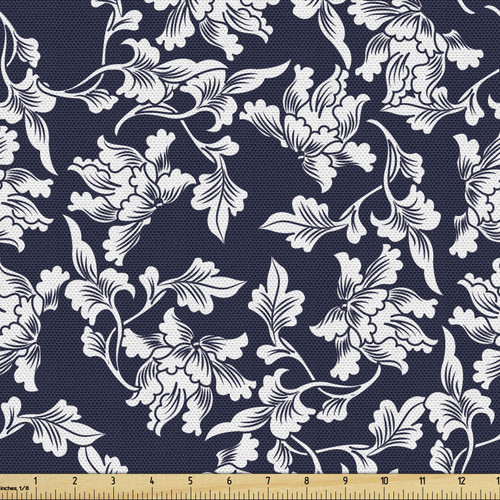 Ambesonne Navy Blue Fabric by The Yard, Floral Arrangement Botanic Foliage Pattern Japanese Composition Eastern, Decorative Fabric for Headboard Upholstery Table Runner Seat Cushion, 2 Yards, Blue White