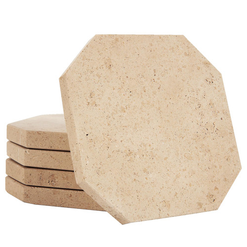 WORHE Marble Coaster Set of 5 Polygon Natural Cream Travertine Stone Drink Coaster for Table Protection Housewarming Gift Bar Coaster Decoration Gift for Christmas Birthday Anniversary (WH018)