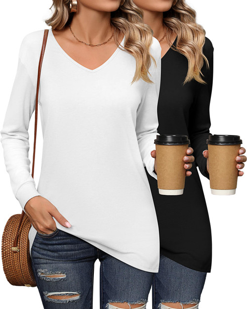 Riyiper 2 Pcs Women's Long Sleeve Tunic Tops V Neck Plain Shirts Casual Loose Fit Pullovers Tops Tee Shirts (Black, White,Medium)