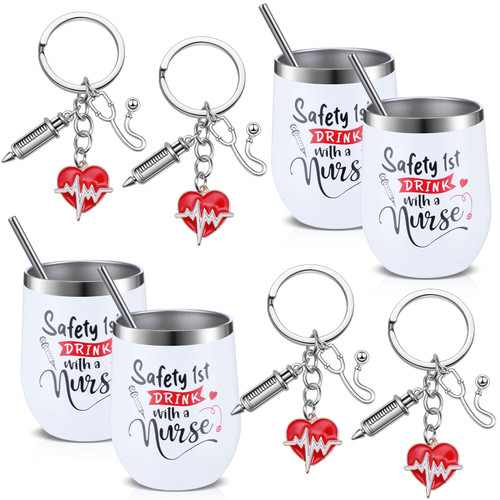 8 Pieces Nurse Gifts for Women 12 oz Stainless Steel Wine Tumbler with Lid and Straw Keychain Nurse Gifts for Women Nurse Week Day Appreciation Gift for Nurse School Student Graduation (White)
