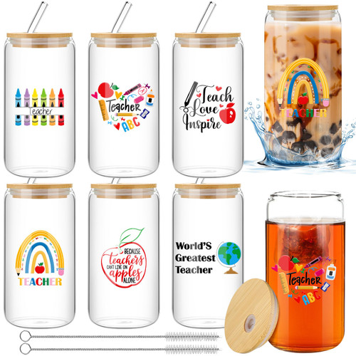 Maxcheck 6 Sets Christmas Teacher Gifts 16 oz Teacher Glass Cup Gift with Bamboo Lid Straw and Cleaning Brush Gifts for Women Teacher Appreciation Week Christmas Teacher Practitioner