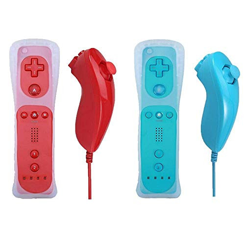 Poulep 2 Packs Gesture Controller and Nunchuck Joystick with Silicone Case for Nintendo Wii Wii U Gamepad Console (Red and Blue)