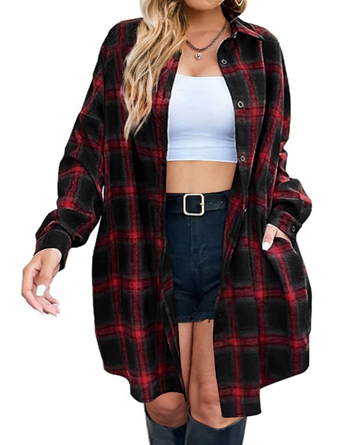 IN'VOLAND Womens Plus Size Buffalo Plaid Flannel Shirt Long Sleeve Button Down Blouses Tops Shacket Jackets Coats 16W Red