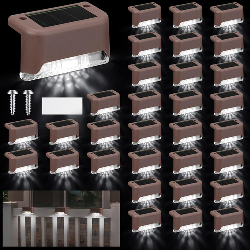 32 Pcs Solar Deck Lights Outdoor, Solar Step Lights Waterproof LED Solar Lights Outdoor Fence Lights for Stairs, Step, Railing, Patio, Driveway, Garden, Pathway and Yard (Brown Shell Cool White Light) 32 Pcs Solar Deck Lights Outdoor, Solar Step Lights Waterproof LED Solar Lights Outdoor Fence Lights for Stairs, Step, Railing, Patio, Driveway, Garden, Pathway and Yard (Brown Shell Cool White Light)