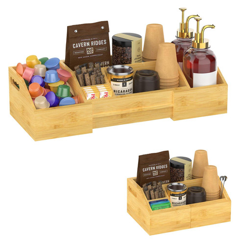 EsLuker.ly Coffee Organizer Station for Countertop, Bamboo Coffee Condiment Organizer with Extendable Dividers, Office Coffee Bar and Tea Organization K-cup Holder for Coffee Accessories Kitchen Decor