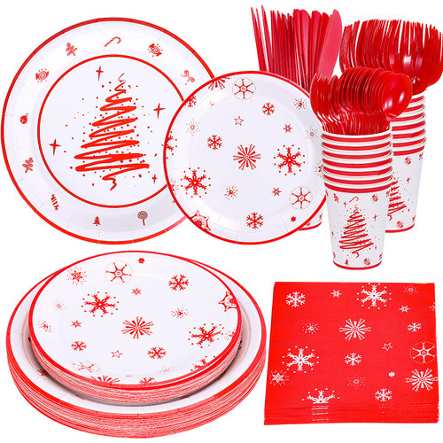 Decodinli Christmas party decorations, Christmas Disposable Plates, Cups and Napkins, Christmas Themed Party Supplies, Christmas Decoration Tableware Set Serves 25