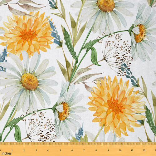 Watercolor Daisy Fabric by The Yard,White Yellow Flower Rustic Plant Upholstery Fabric for Chairs Sofa,Hand Drawn Graffiti Floral Waterproof Fabric for Upholstery and Home DIY Projects,3 Yards