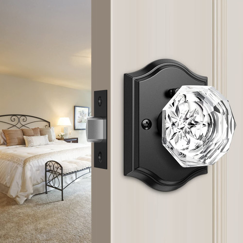 Brightify Crystal Door Knobs with Lock, Glass Door Knobs Interior, Privacy Glass Door Knobs for Bedroom Bathroom, Matte Black