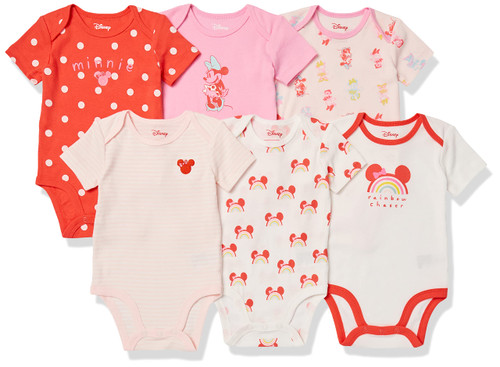 Amazon Essentials Disney | Marvel | Star Wars | Princess Baby Girls' Short-Sleeve Bodysuits, Pack of 6, Minnie Rainbow Chaser, 12 Months