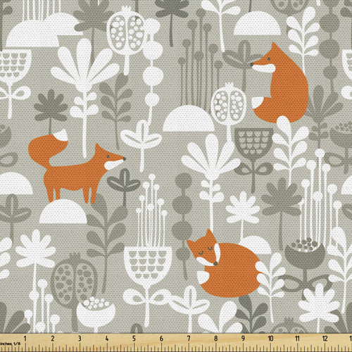 Lunarable Autumn Fall Fabric by The Yard, Fox Animal Sleeping in The Forest Plants Woodland Wildlife Theme, Decorative Fabric for Upholstery and Home Accents, 2 Yards, Orange White