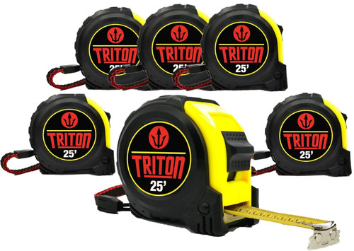 Triton - 6 Pack - 25 ft Tape Measures - Easy to Read Fractions to 1/8th inch - Magnetic Claw Tip - Thumb and Quick Lock - Autowind - Belt Clip