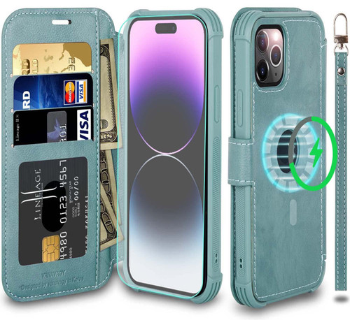 VANAVAGY iPhone 14 Pro Max Wallet Case for Magsafe,Leather Flip Folio Wrist [Screen Protector Included][Magsafe and Wireless Charging] with RFID Block Card Holder for iPhone 14 Pro Max,Forest Green