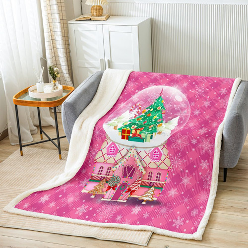 jejeloiu Pink Christmas Fleece Throw Blanket Throw 50"x60" Crystal Ball Plush Blanket for Bed Sofa Couch Christmas Tree Sherpa Blanket Snowflake Xmas Theme Fuzzy Blanket