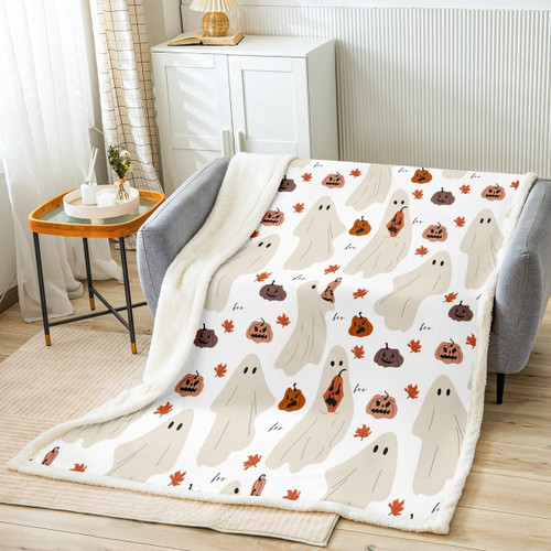 Halloween Pumpkin Bed Blanket Kids Girls Cartoon Ghost Sherpa Blanket Soft Cozy Lightweight Orange and White Plush Fleece Funny Ghost Blanket Gifts for Bed Chair Office Sofa(Throw 50"x60")