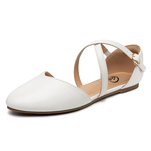 Trary White Flats for Women Dressy Comfortable, Ballet Flats for Women, wedding flats for bride, Pointed Toe Dress Flats for Women, Ankle Strap Flats Shoes Women, Bridal Flats for Wedding-White Size 7