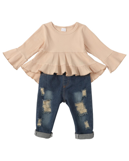 Baby Girl Clothes Outfits Toddler Girl Long Sleeve Rib Outfits Cotton Shirt Ripped Jeans Pants Denim Winter 12-18 Months Girl Clothes