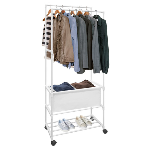 Double Rod Garment Rack, Rolling Clothes Rack, Industrial Pipe Hanging Clothes Rack with Wheels and Bottom Shelf, Freestanding Clothing Rack, Garment Rack Shoe Clothing Organizer Shelves (White)