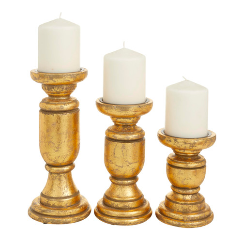 Deco 79 Mango Wood Turned Style Pillar Candle Holder, Set of 3 10", 8", 6"H, Gold