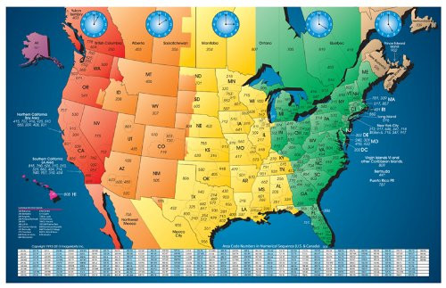 Set of 6 North America Laminated Gloss Full Color Time Zone Area Code Maps Incudes Reverse Lookup Desk Size Large 11 x 17