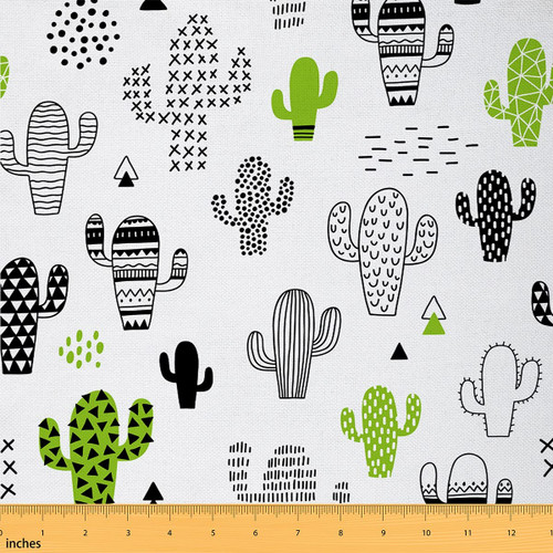 Cactus Fabric by The Yard, Geometric Cactus Upholstery Fabric, Kawaii Tropical Plants Decorative Fabric, Desert Botanical Creature Indoor Fabric, Cartoon Quilt Fabric for Sewing, Green White, 3 Yards