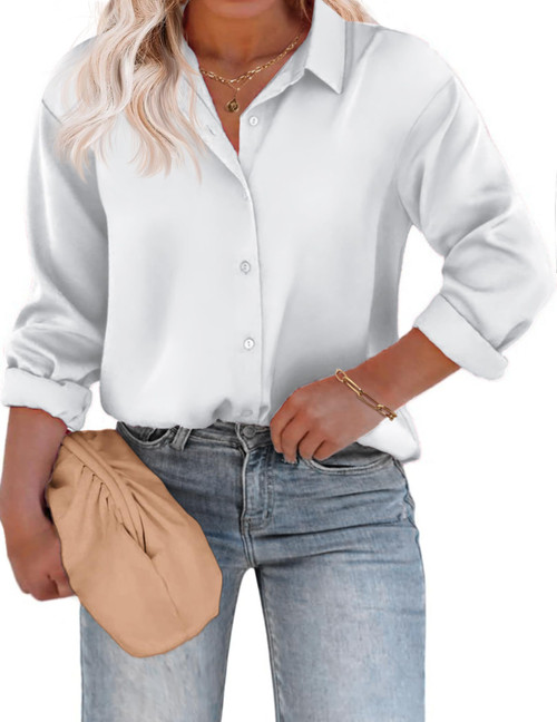 IN'VOLAND Plus Size Women's Satin Silk Long Sleeve Button Down Shirt Formal Work Blouse Top White