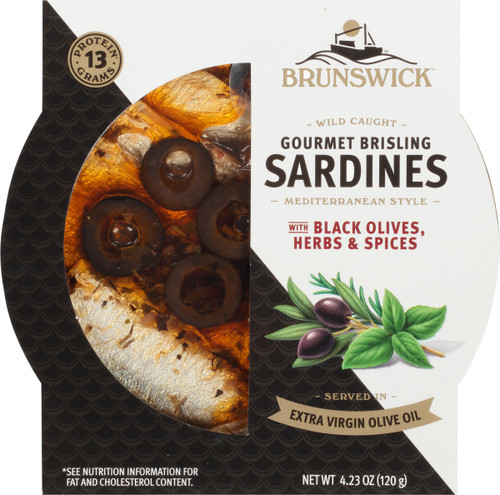 Brunswick Wild Caught Gourmet Brisling Sardines in Extra Virgin Olive Oil,Mediterranean Style,with Black Olives,Herbs and Spices,4.23 oz Can (Pack of 12)-Wild Caught Sardines-13g Protein per Serving Brunswick Wild Caught Gourmet Brisling Sardines in Extra Virgin Olive Oil,Mediterranean Style,with Black Olives,Herbs and Spices,4.23 oz Can (Pack of 12)-Wild Caught Sardines-13g Protein per Serving