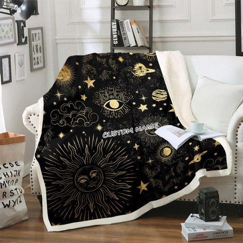 Personalized Bohemian Sun Moon Fleece Blanket Galaxy Blanket for Kids Child Boys Girls,Cosmic Planets Sun and Moon Throw Blanket Starry Sky Series Bed Blanket 30"x40",Golden Stars Bedroom Decor