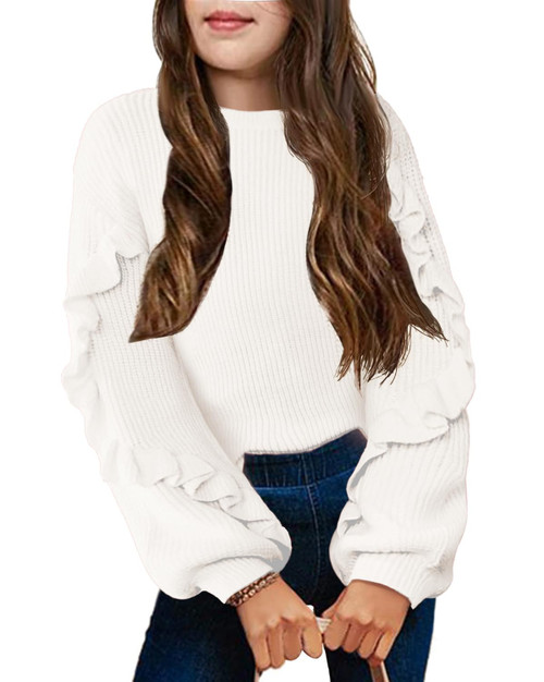 Arshiner Girl's Long Lantern Sleeve Sweater Kid Long Sleeve Knitted Winter Pullover Jumper Top White 11-12 Years