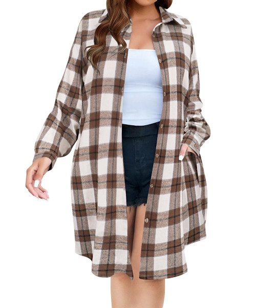 TIYOMI Plus Size Shirts For Women Long Sleeve Plaid Blouses Button Down Button Up Flannel Shacket Jacket Brown Plaid Shacket Loose Fit Fall Long Jacket Coats Fall XL 14W 16W