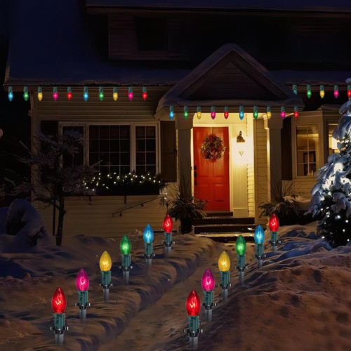 38FT C9 Christmas Stake Lights Outdoor,25 Pack Weatherproof Christmas Pathway Lights with C9 Multicolor Bulbs and Stakes for Garden Lawn Backyard Snowfield Christmas Decorations
