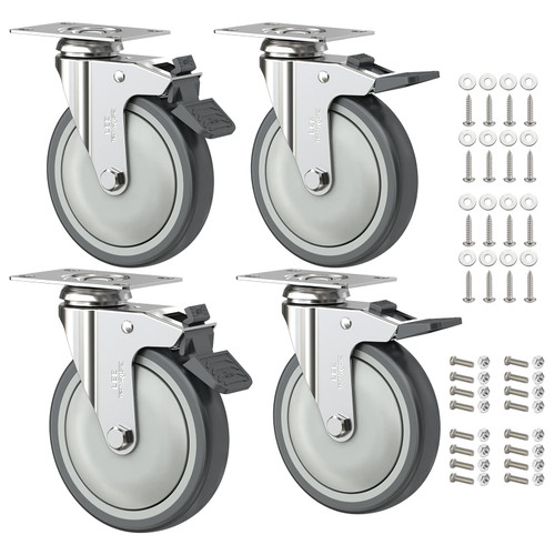 5 Inch Casters Set of 4 Heavy Duty Plate Caster Wheels with Brake Swivel Dual Locking Castors No Noise TPR Rubber Wheel for Furniture Workbench Cart cabinets 1000 Lbs (Two Hardware Kits Include)