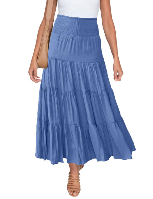 HAEOF Women's Summer Elastic High Waist Boho Maxi Skirt Casual Drawstring A Line Long Skirt(Blue, M)