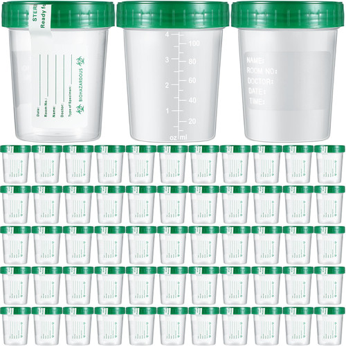Geiserailie 100 Pack Disposable Urine Cup Specimen Cups with Lids and Tamper Evident Seal 4 oz Specimen Container Urine Sample Containers Urine Sample Cups for Collection and Testing (Green Lids)
