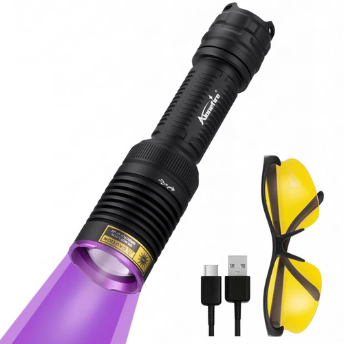 ALONEFIRE SV90 365nm UV Flashlight Zoom 15W Type C USB Rechargeable Black Light Money Detector for Resin Curing, Pet Urine, Scorpion, Fishing, Mineral, Cure Glue with UV Protective Glasses, Battery