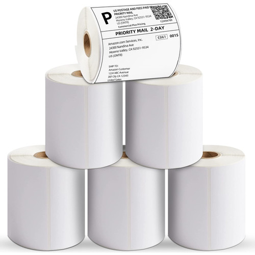 AKOGIRSE 4"x6" Direct Thermal Shipping Labels, 6 Rolls/1500 Labels, Perforated, White Mailing Postage Label Thermal Paper Roll Compatible with MUNBYN Rollo Zebra, Permanent Adhesive, Commercial Grade