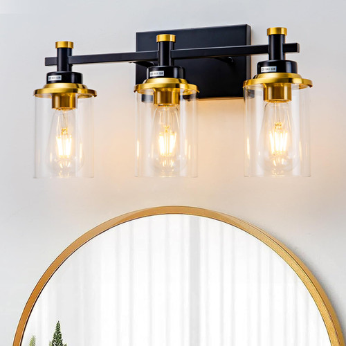 Aixialin 3 Light Bathroom Light Fixtures, Black and Brushed Gold Vanity Light Fixture Over Mirror, Modern Wall Sconces Lighting Wall Lamp for Bathroom, Bedroom, Hallway with Clear Glass Shade Aixialin 3 Light Bathroom Light Fixtures, Black and Brushed Gold Vanity Light Fixture Over Mirror, Modern Wall Sconces Lighting Wall Lamp for Bathroom, Bedroom, Hallway with Clear Glass Shade