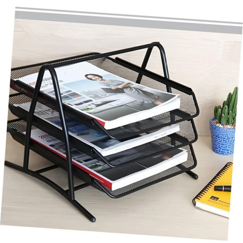 GRIRIW Desktop File Holder File Holders for Desktop Metal Tray File Racks for Desktop Metal Mesh Document Tray 3-Tiered Storage Tray Holder Multi-Layer Magazine Rack Office