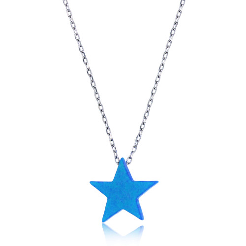 Sterling Silver Rhodium Created Blue Opal Star 16"+2" Necklace