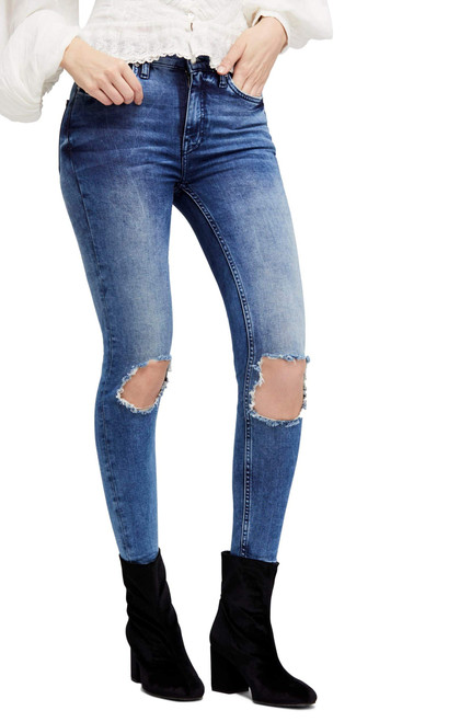 Free People Womens Busted Knee Skinny Fit Jeans, Blue, 24 Regular